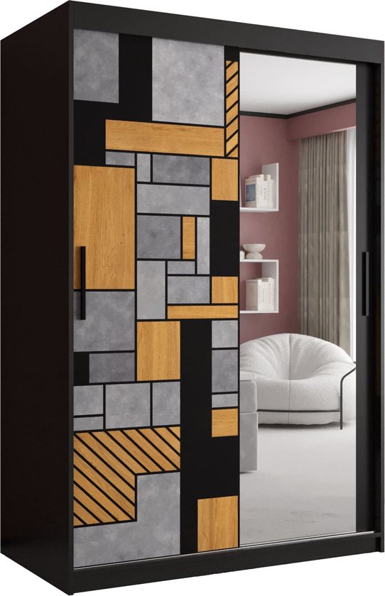 Zweefdeurkast met spiegel Kledingkast met 2 schuifdeuren Garderobekast slaapkamerkast Kledingstang met planken (LxHxP): 120x200x60 cm - Varus II (Zwart, 120)