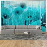 Fotobehangkoning - Behang - Vliesbehang - Fotobehang - Turquoise madness - Blauwe Bloemen Kunst - 250 x 175 cm