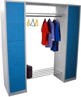 Ensemble armoire composé de 2 armoires vestiaires portes bleues avec pièce de liaison largeur 183 cm et fermeture à œillets (sans cadenas)