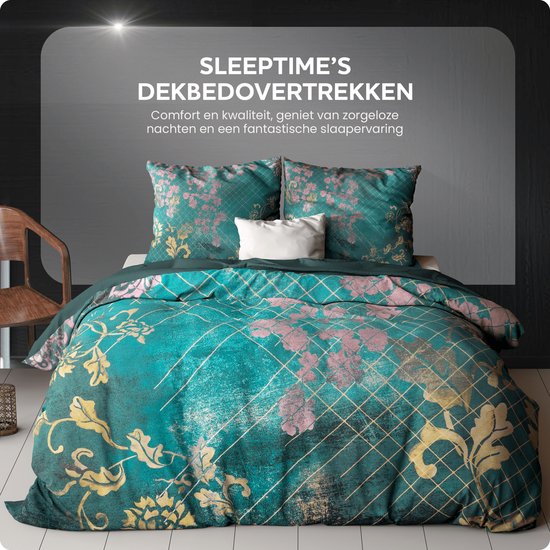 Sleeptime Tiran Flower Dekbedovertrekset - Tweepersoons - 200x200/220 + 2 kussenslopen 60x70 - Groen