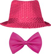 Toppers in concert - Carnaval verkleed set compleet - hoedje en vlinderstrikje - roze - heren/dames - glimmend - verkleedkleding