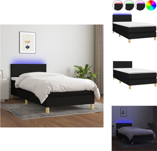 vidaXL Boxspring - LED - Ressorts ensachés - Doux pour la peau - Zwart - 203x100x78/88 cm - 100x200x20 cm - 100x200x5 cm - Lit