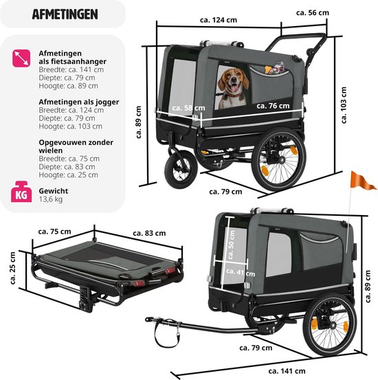 Afmetingen van grijze hondenfietskar in fiets- en buggymodus, ook opgevouwen. Meten van ca. 141 cm breed als fietsaanhanger.