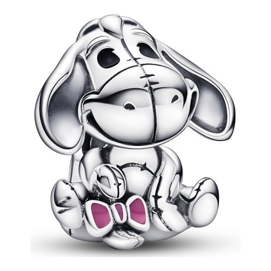 Zilverkleurige Eeyore bedel met roze strikje en gestikte details.