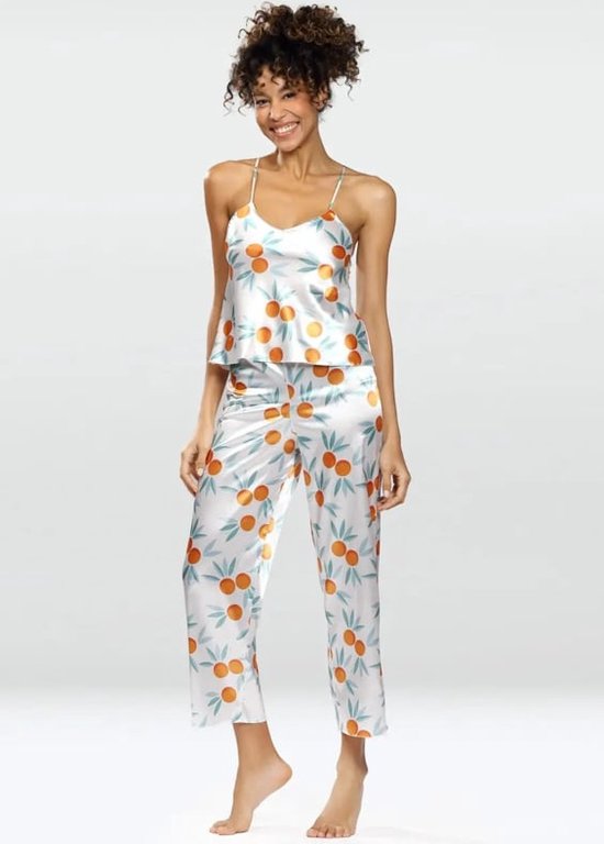 Lange satijnen damespyjama - comfortabele pyjama met oranje print - sinaasappelprint- Flowers S