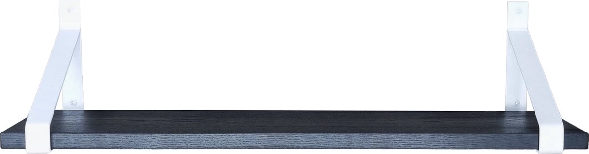 GoudmetHout Wandplank Industrieel - 200 x 25 cm Muurplank - Zwart Eiken Hout - Decoratie Wandrek & Boekenrek - Hangplank Keuken - Wall Shelf + 2 Mat Witte Plankdragers van Staal Zwart - Mat wit - 25 cm
