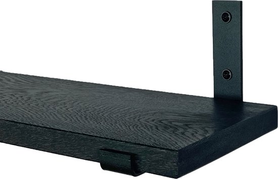 GoudmetHout - Massief eiken wandplank - 200 x 20 cm - Zwart Eiken - Inclusief industriële plankdragers L-vorm UP mat zwart - lange boekenplank