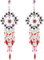 Behave Vintage oorbellen met ronde bloem hanger, rode en roze steentjes en kraaltjes