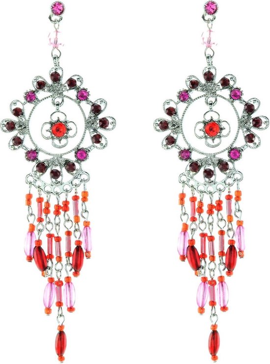Boucles d'oreilles Behave Vintage avec pendentif fleur ronde, pierres et perles rouges et roses