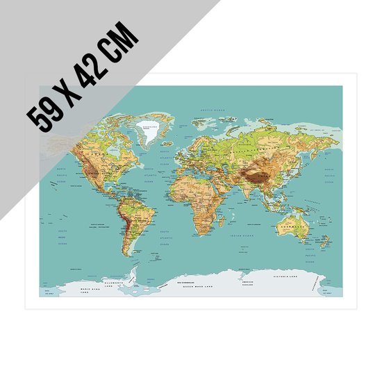 Affiche/affiche Carte Carte du Wereldkaart en relief | 59 x 42 cm | Format A2 | carte du monde | Géographie | Montagnes | Tous les continents | continents | Terre | Terre | Papier HVO | Inscriptible | 2 pièces