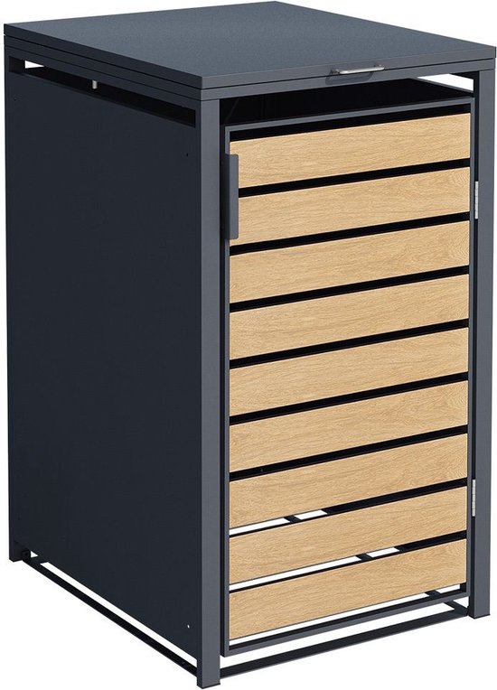 Zwarte kliko ombouw met een houtlook front en metalen frame.