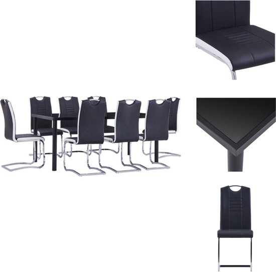 vidaXL Eetset - Tafel en 8 Stoelen - Zwart - 180 x 90 x 75 cm - Gehard glas en metaal - Kunstleer - 42 x 52 x 100 cm - Eenvoudig te monteren - Set tafel en stoelen