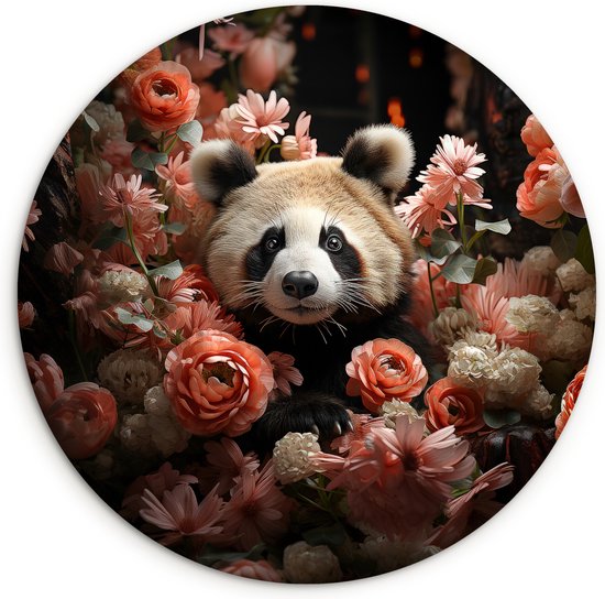 WallCircle - Wandcirkel 90x90 cm - Panda decoratie - Ronde dier schilderijen woonkamer - Wandbord rond - Muurdecoratie cirkel - Panda decoratie binnen - Wanddecoratie muurcirkel - Woonaccessoires - Pandabeer met bloemen