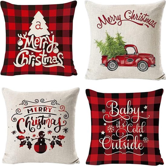 Linnen decoratieve kussens, 4 stuks kussensloop Kerstmis 45 x 45, decoratieve kussenhoezen, kussensloop Kerstmis, kerst kussensloop, rendier, kussensloop kerstmotief (H)