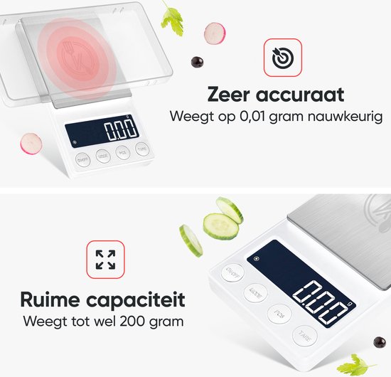 Witte keukenweegschaal met zilverkleurig weegoppervlak, display met '0.00'. Text: 'Zeer accuraat' en 'Ruime capaciteit'.