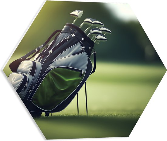 PVC Schuimplaat Hexagon - Golf - Tas - Clubs - Gras - Sport - 50x43.5 cm Foto op Hexagon (Met Ophangsysteem)