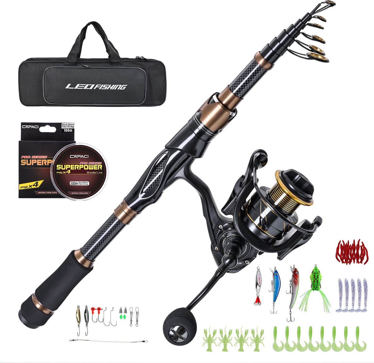 LEO Vishengel set - Telescoophengel - Hengel - Werphengel 2,1m - Visset - Cadeau - Werpmolen - Slip voorop - Kogellagers 14 - Gear-ratio 5.5:1 - 100 meter Vislijn - Vis accessoires set - Visdoos - Beginners