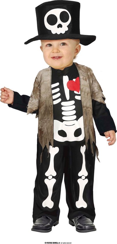 Guirca - Spook & Skelet Kostuum - Klein Wandelend Skelet Harry Bones Kind Kostuum - Zwart / Wit - 12 - 18 maanden - Halloween - Verkleedkleding