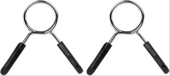 Twee veerclipsluitingen met zilverkleurige metalen ringen en zwarte handvatten.