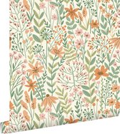 ESTAhome papier peint fleurs des champs vert, rose et terre cuite claire - 139671 - 0,53 x 10,05 m