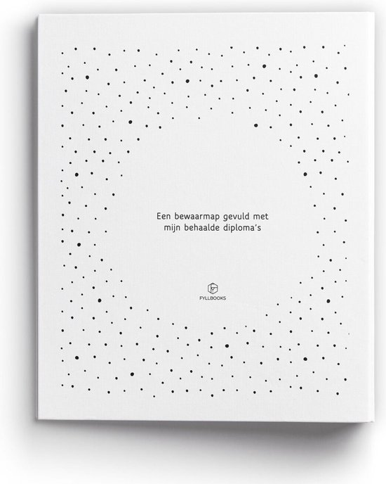 Witte map met zwarte stippen en de tekst 'Een bewaarmap gevuld met mijn behaalde diploma's' en het logo van Fyllbooks.