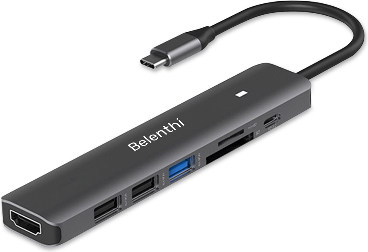 Belenthi USB C Hub - 7 in 1 Hub - USB-C Opladen - 4K HDMI - USB 3.0 - SD & TF Kaartlezer - Splitter - Universeel