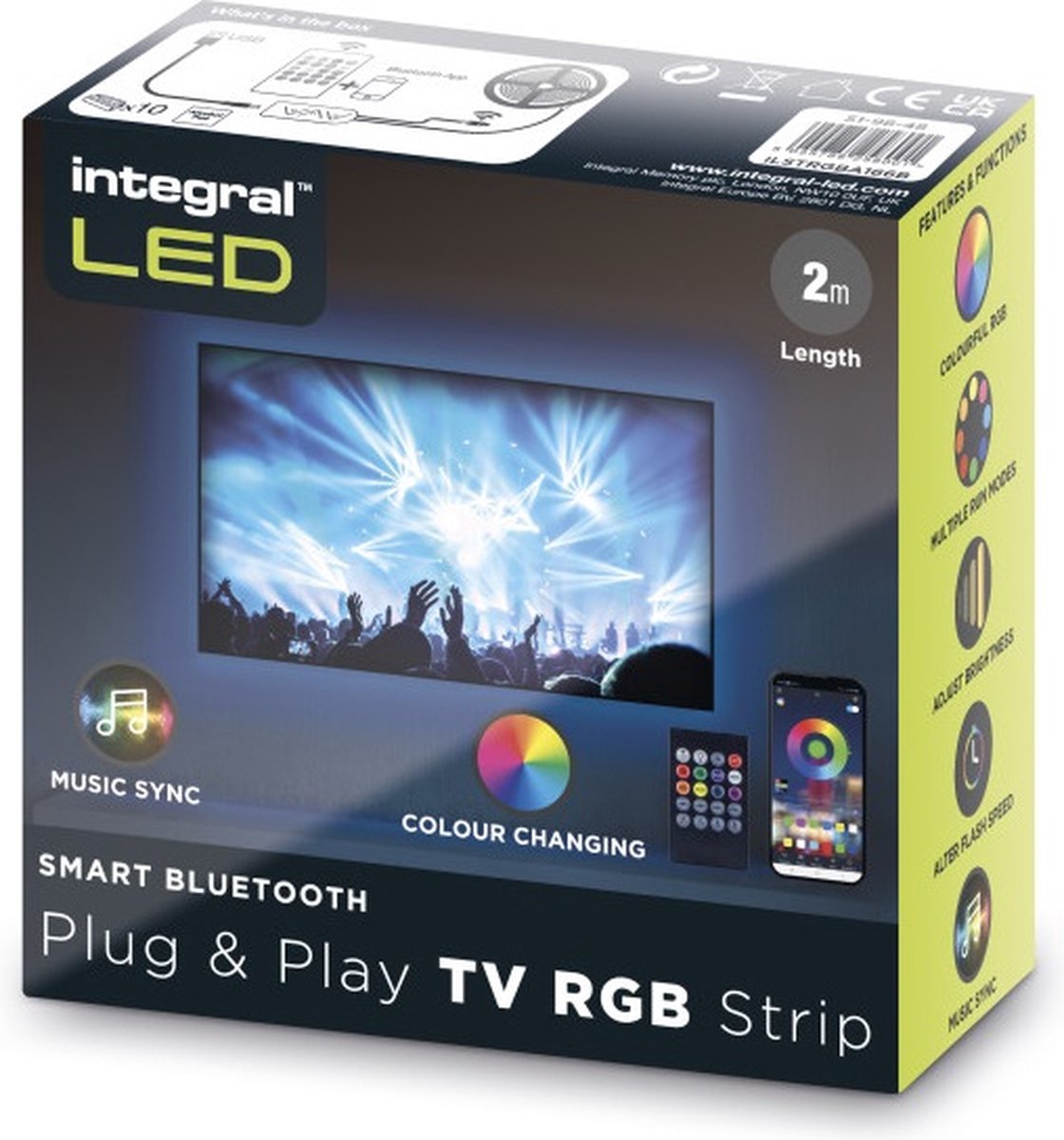 Integral Plug&Play RGB LEDstrip voor achter TV 2meter 1.5W/M 24LED/M 10mm met USB | Bluetooth | RGBW | 3 watt | 20.000 Branduren