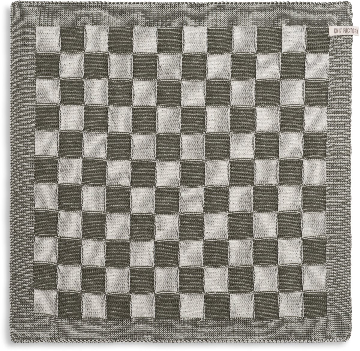 Knit Factory Gebreide Keukendoek - Keukenhanddoek Block - Geblokt motief - Handdoek - Vaatdoek - Keuken doek - Ecru/Khaki - Groen - Traditionele look - 50x50 cm