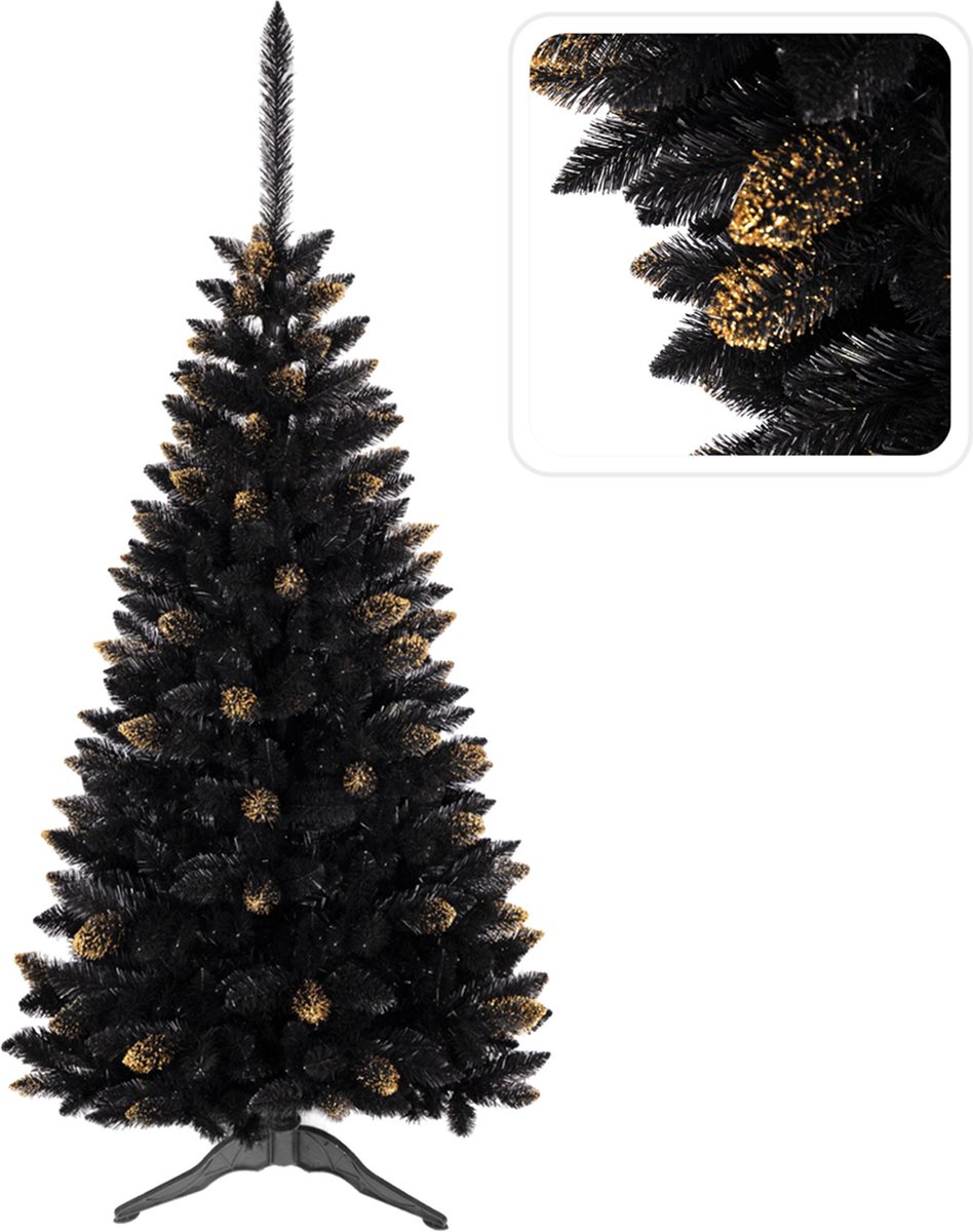 Zwart kunstkerstboom, Ghanese spar, PVC, goud, 120 cm