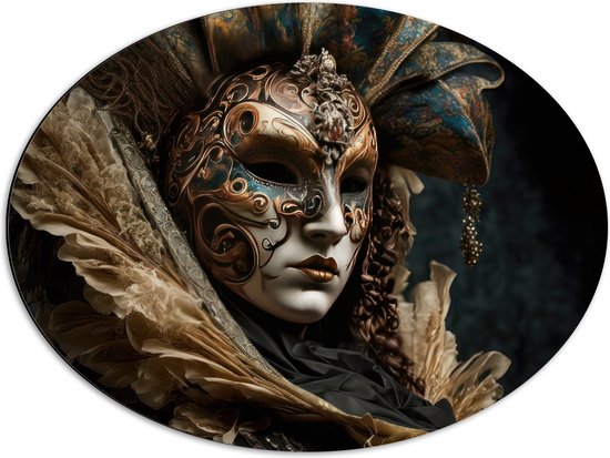 Dibond Ovaal - Masker - Carnaval - Kleuren - Gezicht - 68x51 cm Foto op Ovaal (Met Ophangsysteem)