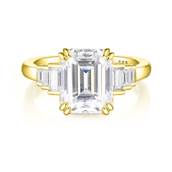 Rectanglo - 14k Geelgouden Smaragd Geslepen Moissanite Ring met Baguette Accenten - 1.75