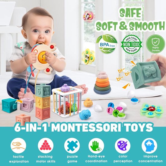 Montessori Jouets 6 en 1 pour bébé de 6 à 12 à 18 mois, jouets Montessori