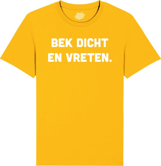 Bek Dicht en Vreten - Frituur Snack Cadeau - Grappige Eten En Snoep Spreuken Outfit - Dames / Heren / Unisex Kleding - Unisex T-Shirt - Geel - Maat S