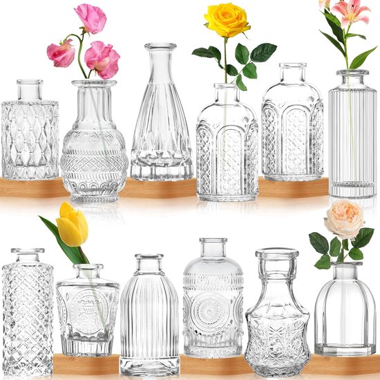 Glass Vase, 12 Pieces Small Glass Vases for Flowers, Vintage Flower Bottle, Small Bud Vases for Flower Arrangements, Decorative Centerpiece, Table Decoration, Home Wedding Party