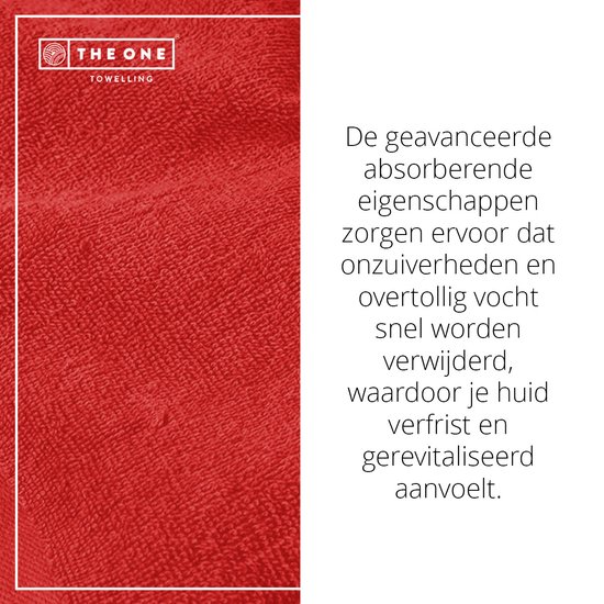 Close-up van de textuur van een rode katoenen washand. Tekst beschrijft de absorberende eigenschappen.