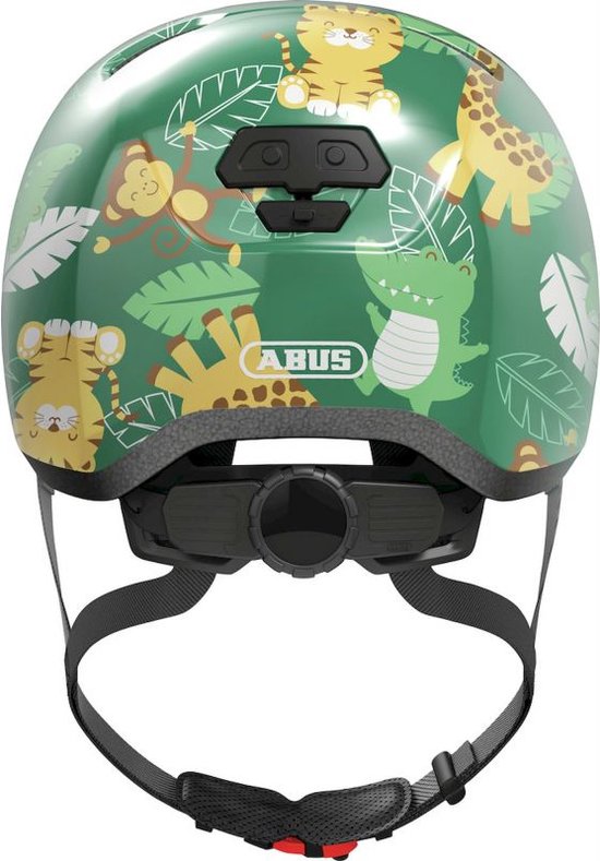 Groene kinderhelm met jungleprint, apen, tijgers, giraffen, krokodillen.
