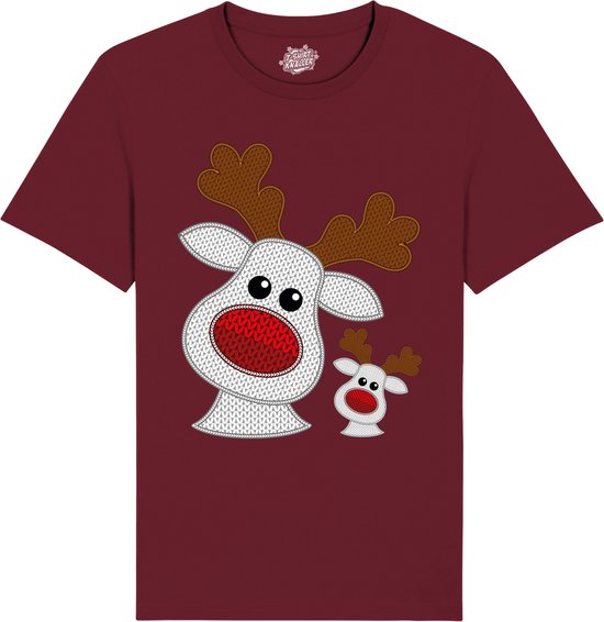 Rendier Buddies - Foute Kersttrui Kerstcadeau - Dames / Heren / Unisex Kleding - Grappige Kerst Outfit - Knit Look - T-Shirt - Unisex - Burgundy - Maat XL