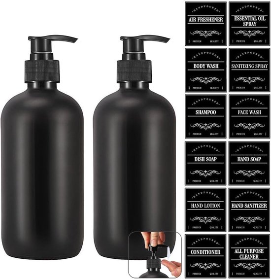 Foto: Pakket van 2 glazen zeepdispensers 500 ml mat zwart handzeepdispenser shampoodispenser afwasmiddeldispenser pompfles met labels pompdispenser voor het doseren van vloeistoffen of