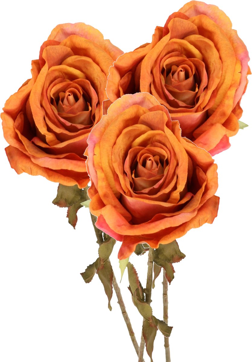 Top Art Kunstbloem roos Calista - 3x - oranje - 66 cm - kunststof steel - decoratie bloemen