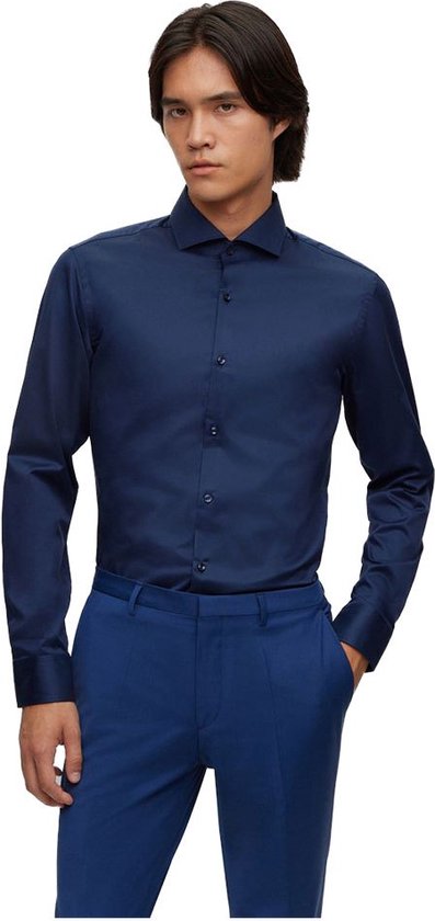 HUGO Kason slim fit overhemd - twill - blauw - Strijkvriendelijk - Boordmaat: 41
