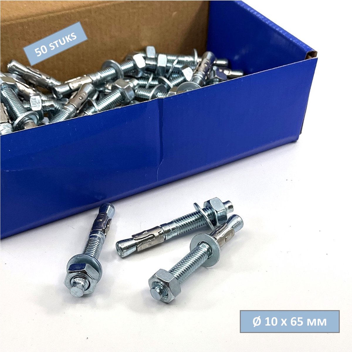 UFAST keilbout M10 x 65 mm - Doorsteekmontage - Moer + sluitring - Verzinkt - 50 stuks