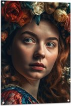 Tuinposter – Vrouw - Gezicht - Haarband - Bloemen - 70x105 cm Foto op Tuinposter (wanddecoratie voor buiten en binnen)