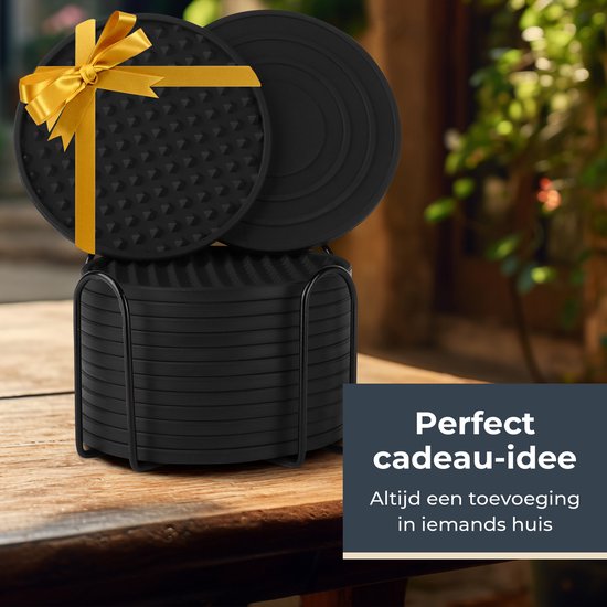 Castagnola Dessous de verre en Siliconen avec support - Sous-verres de verre pour Sous-verres - Design de sous- Sous-verres - Ensemble de sous- Verres - Sous-verres de verre - Siliconen de haute qualité - Set de 14 - Zwart