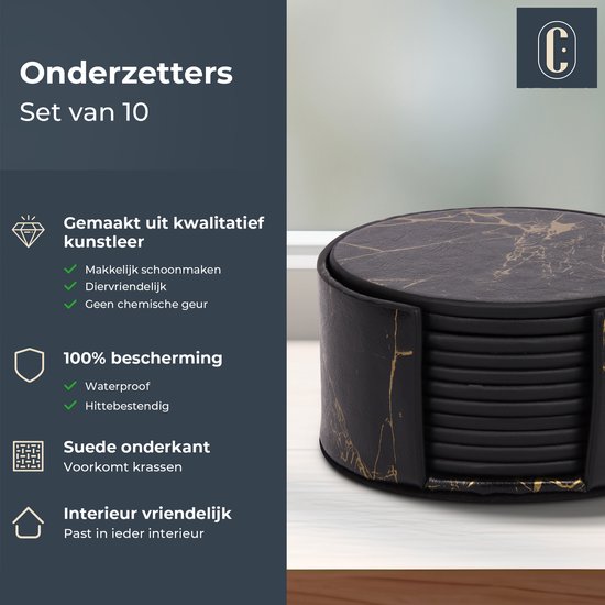 Sous-verres de verre Castagnola en similicuir avec support - Sous-verres de verre pour Verres - Design de Sous-verres - Ensemble de sous-verres - Sous-verres de verre - Similicuir - Sous-verres en cuir - Set de 10 - Zwart/ Or