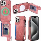 sulada schokbestendige backcase met magnetische ring lederlook, rfid-kaarthouder en portemonnee de geschikt voor Apple iphone 15 pro roze