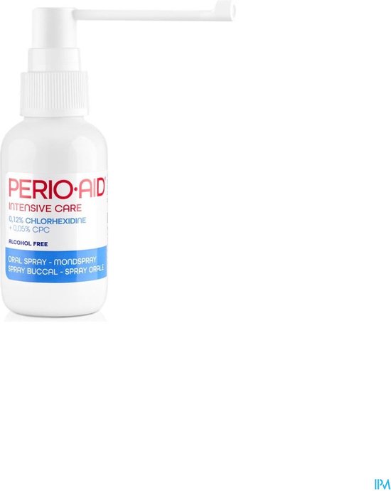 Witte fles Perio-Aid Intensive Care mondspray met spuit, 0.12% chloorhexidine, 0.05% CPC.