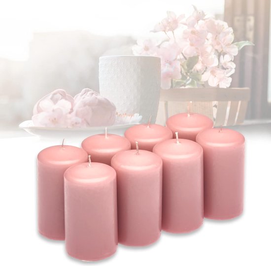 Set van 8 stompkaarsen kerstsfeer kaarsen - roze - 4,8 cm x 8 cm - Advent kaars kerstdecoratie - kerstkaarsen adventskrans