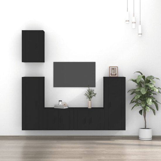 The Living Store TV-meubelset - Klassiek ontwerp - Bewerkt hout - Wandgemonteerd - Voldoende opbergruimte - Zwart - 5-delig