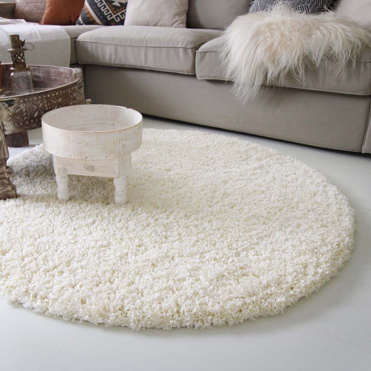 Hoogpolig rond vloerkleed shaggy Royal 5cm hoogte - crème 80 cm