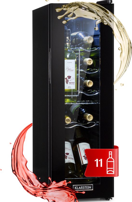 Klarstein Shiraz 12 Slim Uno Wijnkoelkast - 32 Liter - 12 Flessen - Touch - 85 W - 5-18 °C - LED Verlichting - Zwart